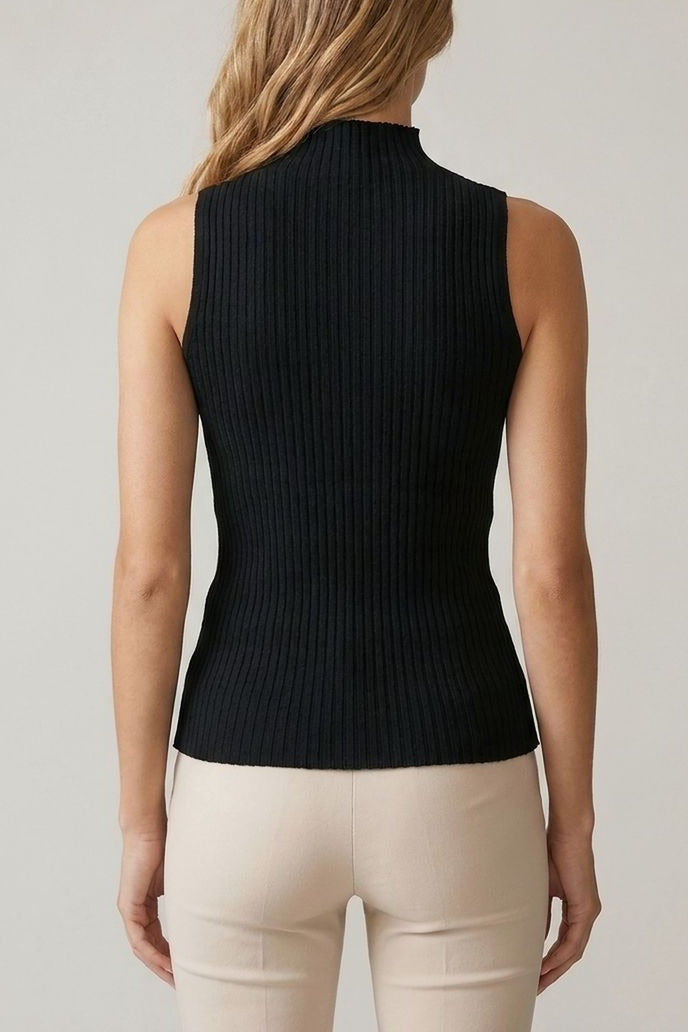 Black sleeveless turtleneck knit top, back view