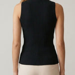 Black sleeveless turtleneck knit top, back view