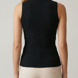 Black sleeveless turtleneck knit top, back view
