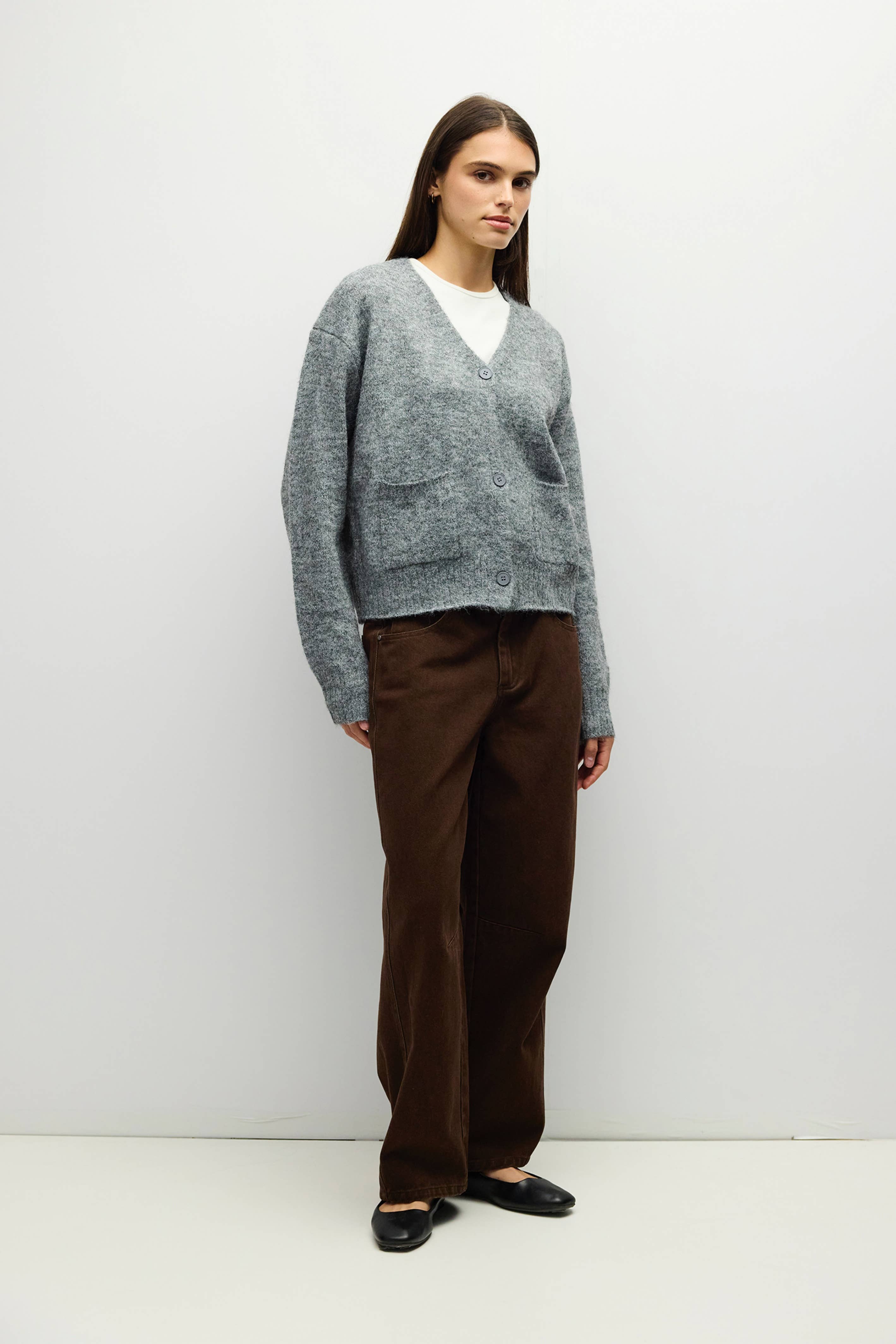 HGREY 3 fuzzy knit cardigan in heather grey, side view