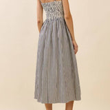 Justine Striped Fitted Ruched Bodice Midi Dress
