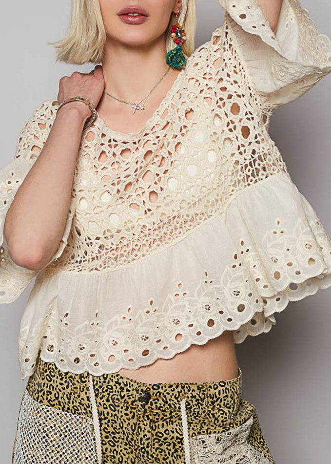 Pol - Womens - Tops - Blouses - Jaycee Round Floral Eyelet Crochet Top - MTT Collective