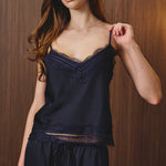 Willow Lace Trim Satin Cami in Navy, neckline detail