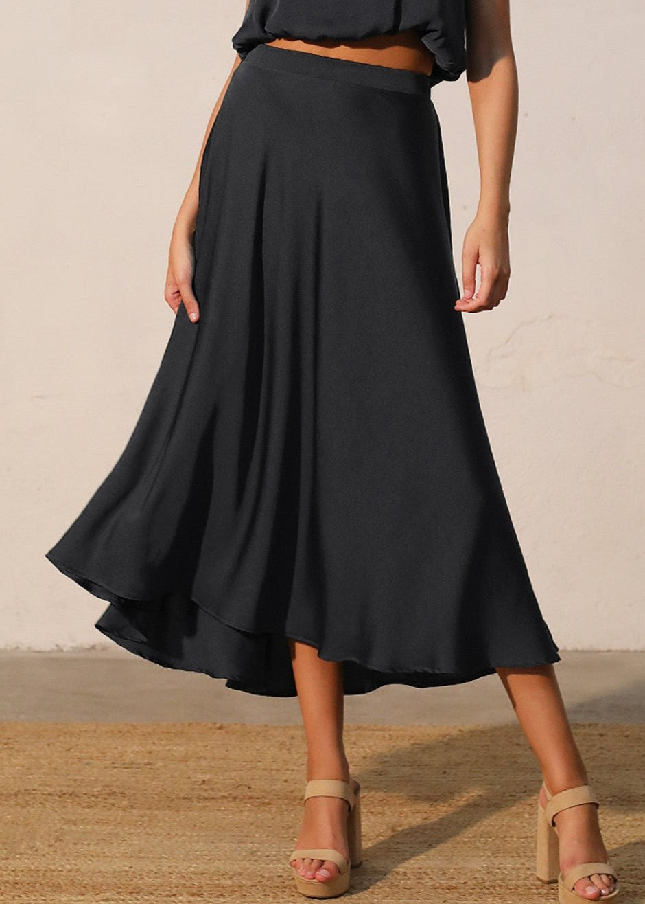 Back In Time Poly Silk Midi Swing Skirt - MTT Collective