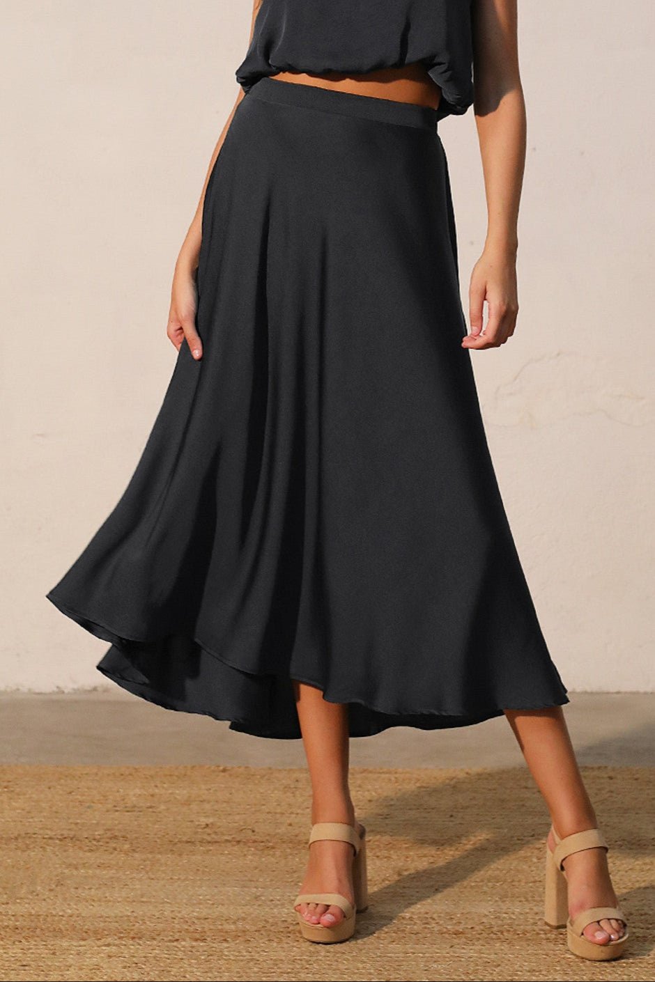 Back In Time Poly Silk Midi Swing Skirt - MTT Collective