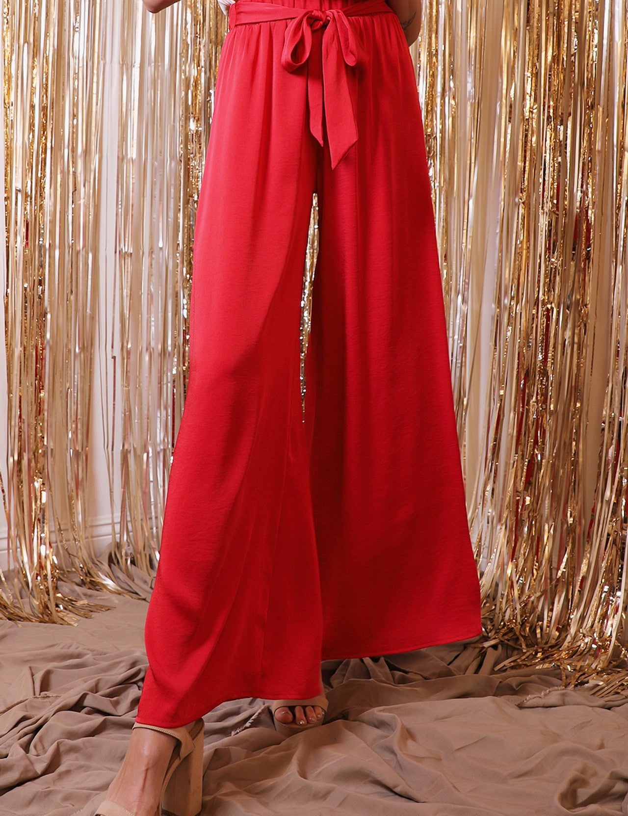 Back In Time Poly Silk Tie Waist Pants - MTT Collective