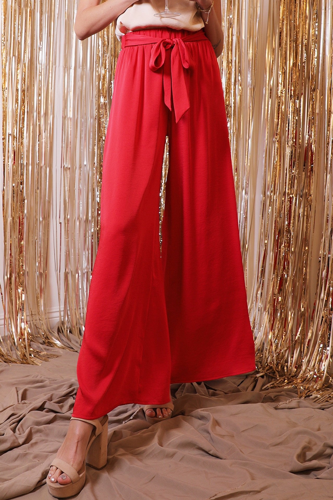 Back In Time Poly Silk Tie Waist Pants - MTT Collective