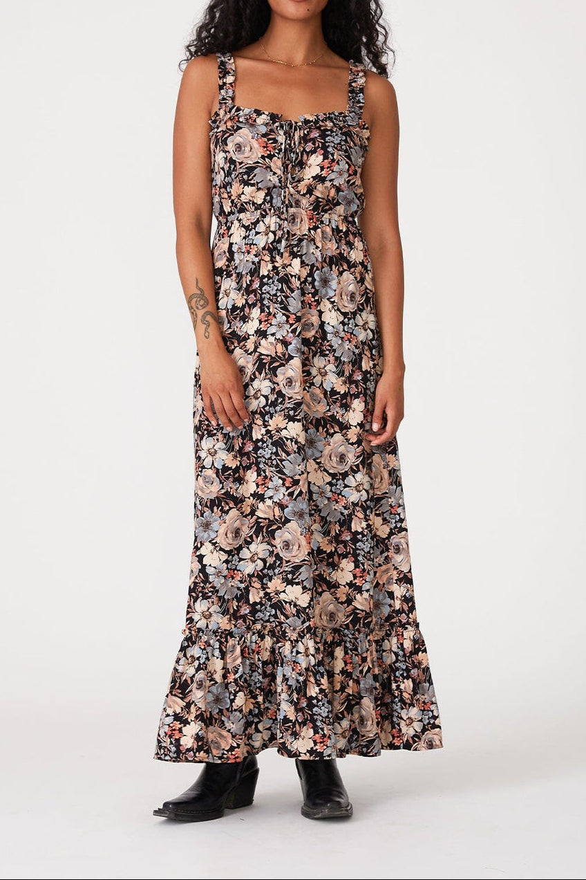 Dreamstate Lace-Up Maxi Dress in Black/Dusty Blue - MTT Collective