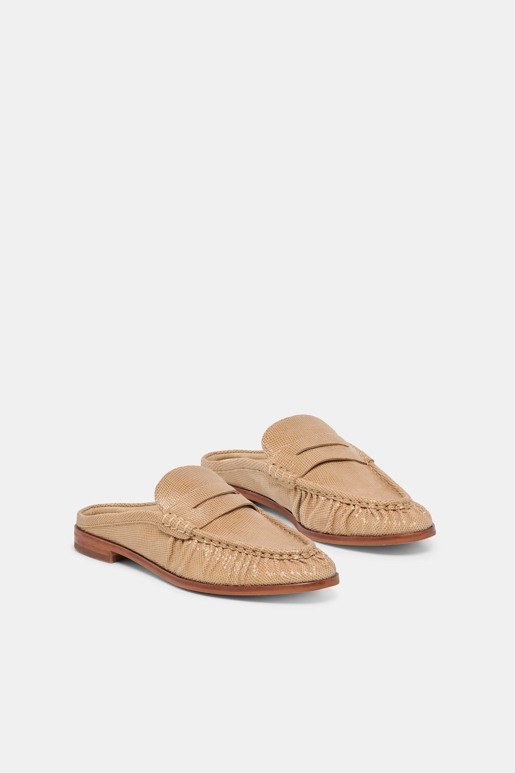 Dolce Vita Betzy pleated loafer mule in latte embossed suede, pair front view