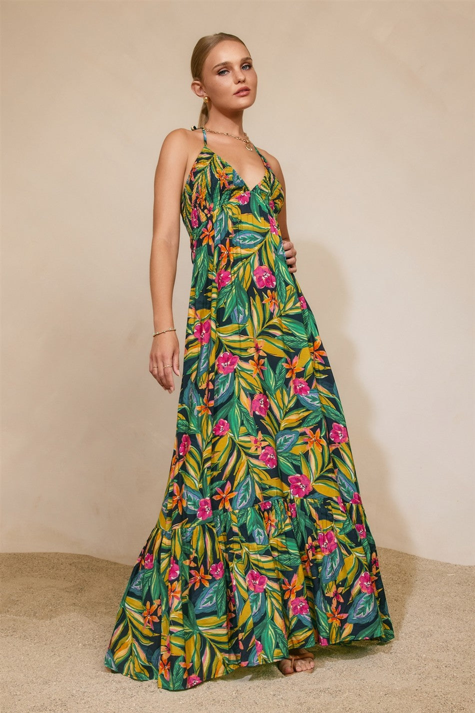 Bramble Smocked Halter Maxi Dress in Botanical Bloom, full length