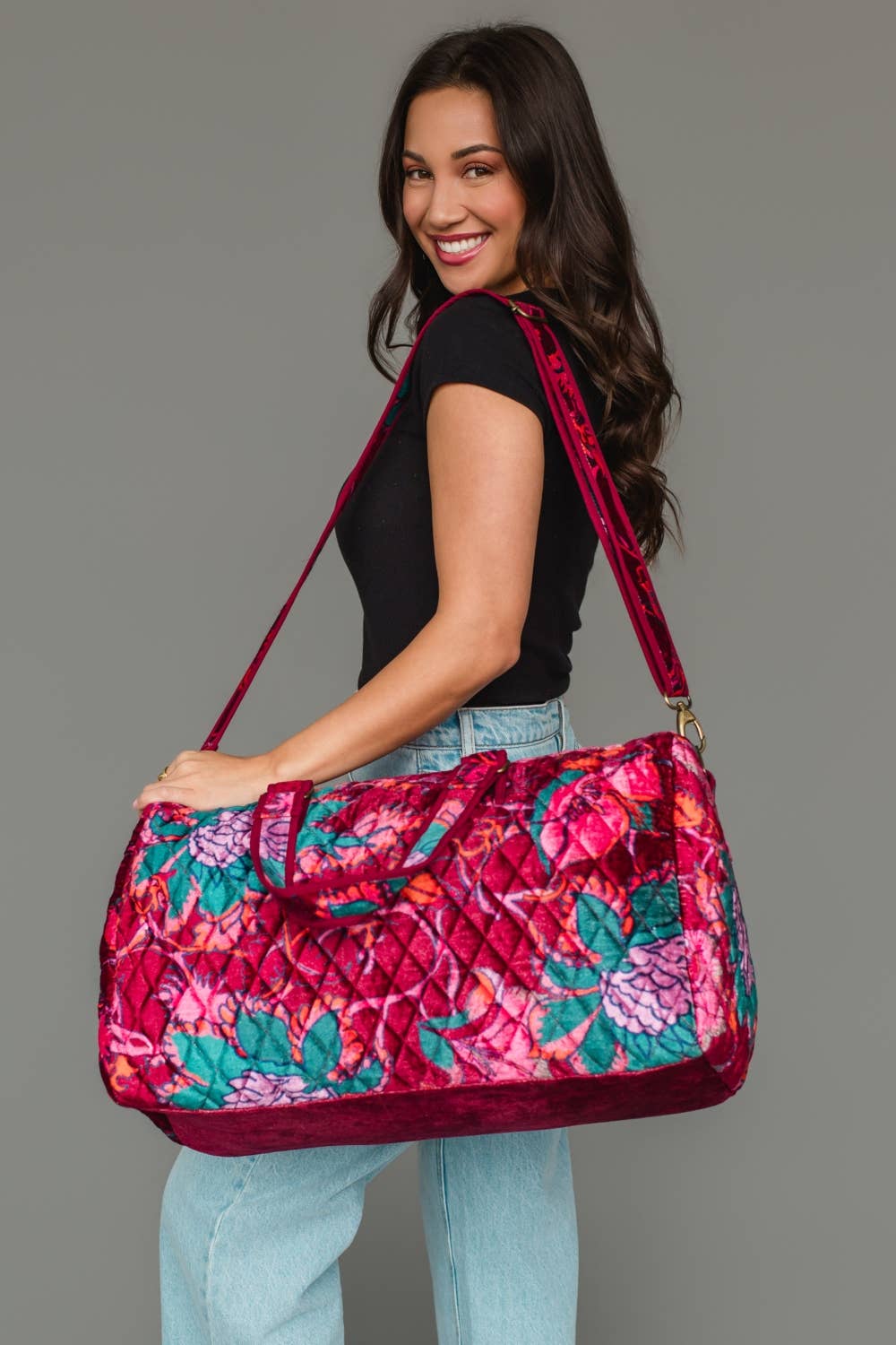 Wildflower Woven Duffel in burgundy floral, detail