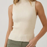 Cream sleeveless turtleneck knit top, front view