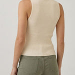 Cream sleeveless turtleneck knit top, back view