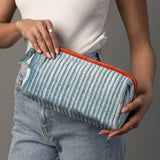 Juniper Velvet Ribbed Pouch in light blue and orange, detail