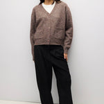 BROWN 2 fuzzy knit cardigan in brown, three quarter view