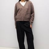BROWN 2 fuzzy knit cardigan in brown, three quarter view