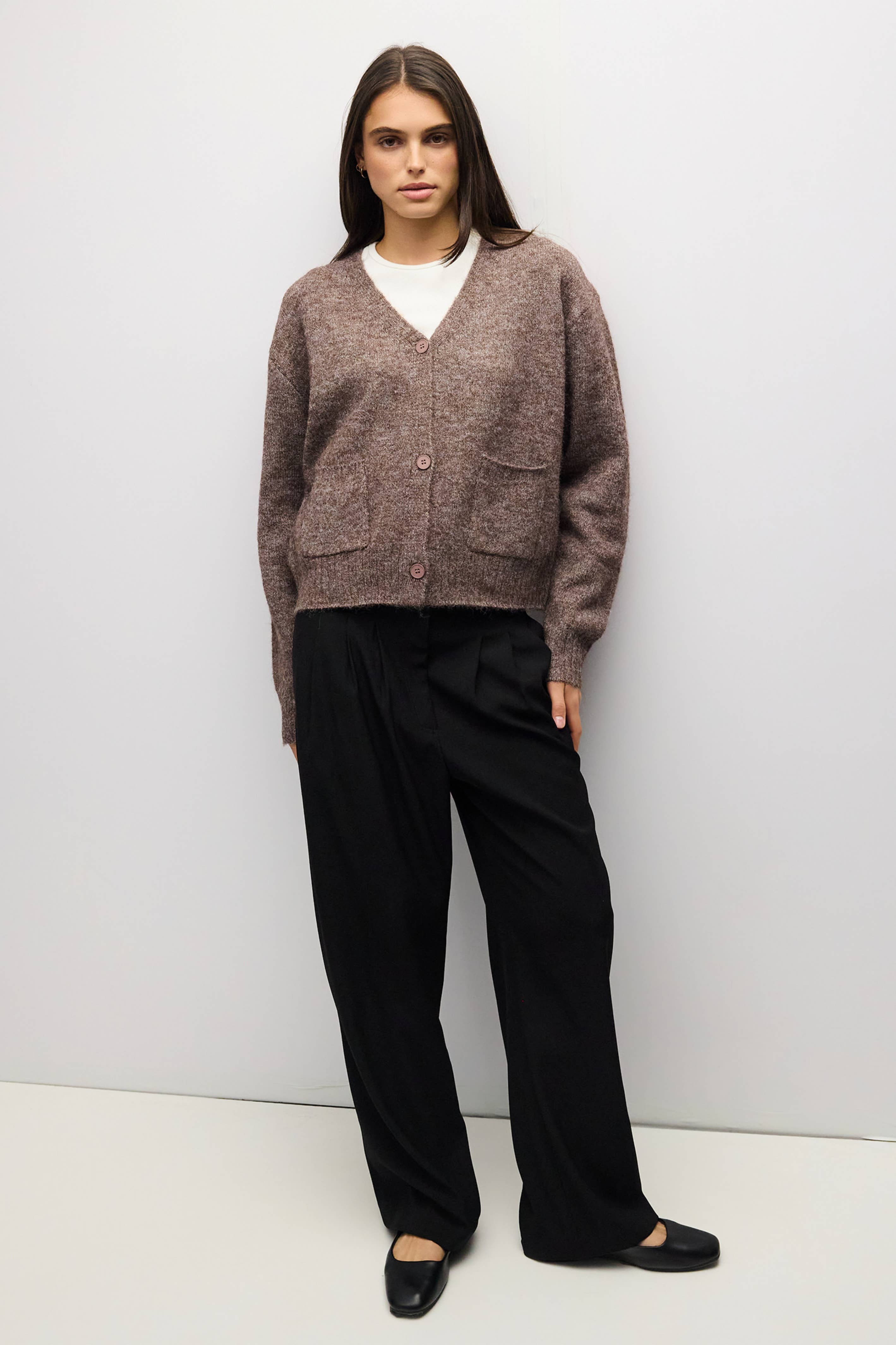 BROWN 2 fuzzy knit cardigan in brown, three quarter view