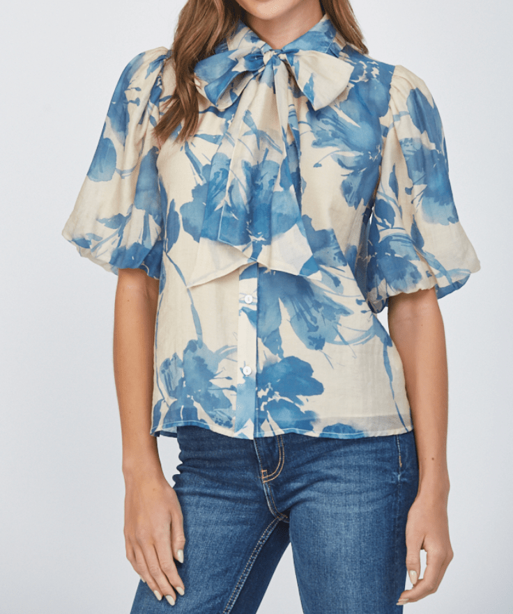 Catherine Neck Tie Lantern Sleeve Blouse - MTT Collective