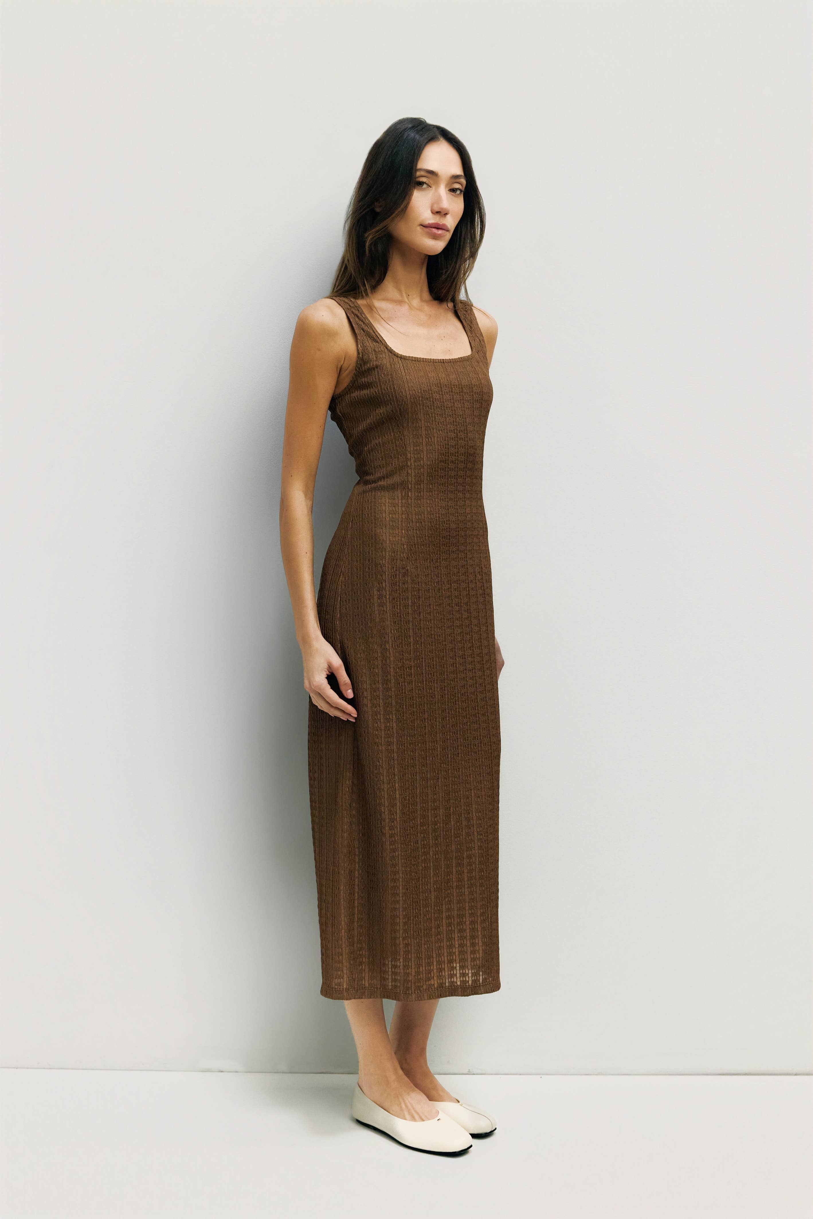 Textured knit midi dress in brown, front view