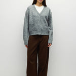 HGREY 1 fuzzy knit V neck cardigan in heather grey, front view