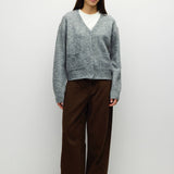 HGREY 1 fuzzy knit V neck cardigan in heather grey, front view