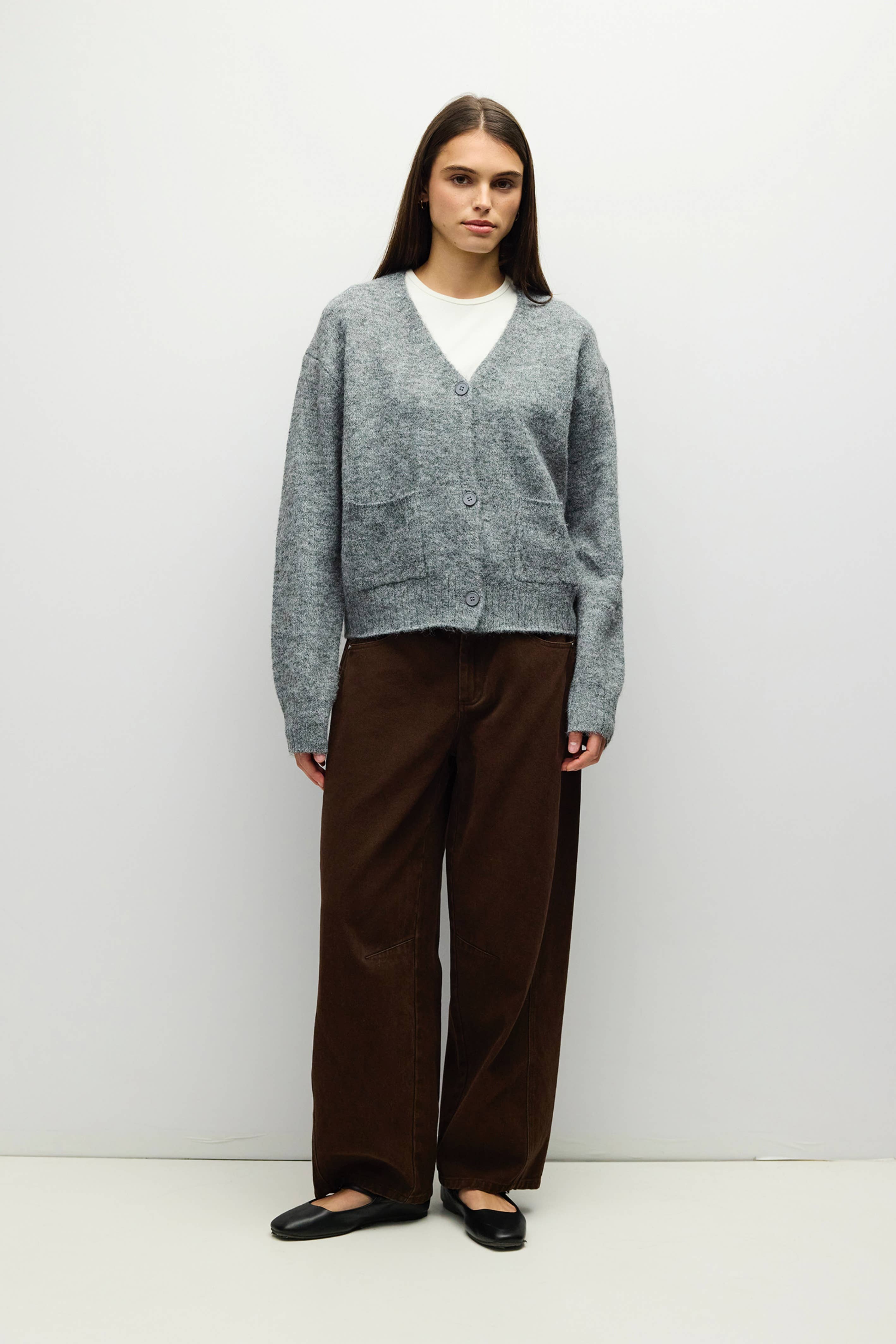 HGREY 1 fuzzy knit V neck cardigan in heather grey, front view