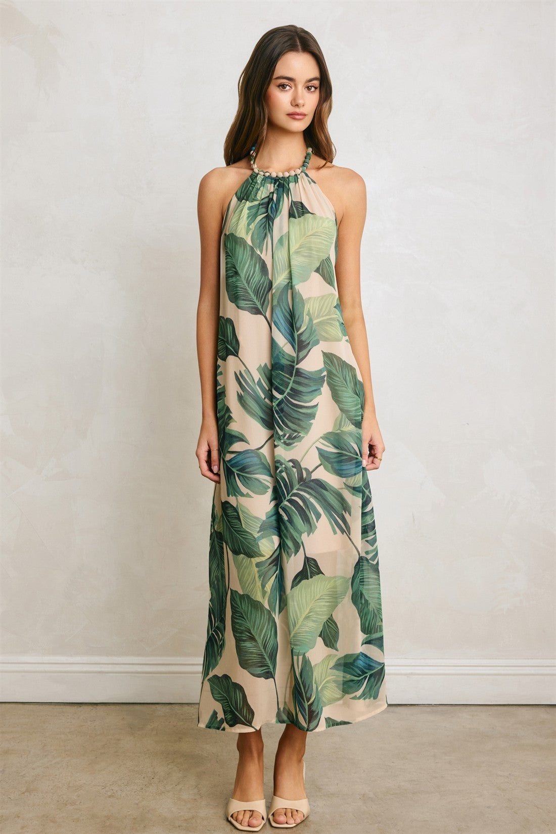 Vesper Beaded Halter Dress in Resort Palm, beading detail