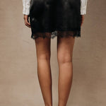 Nocturne Satin Lace Mini Skirt in Black, lace trim hem