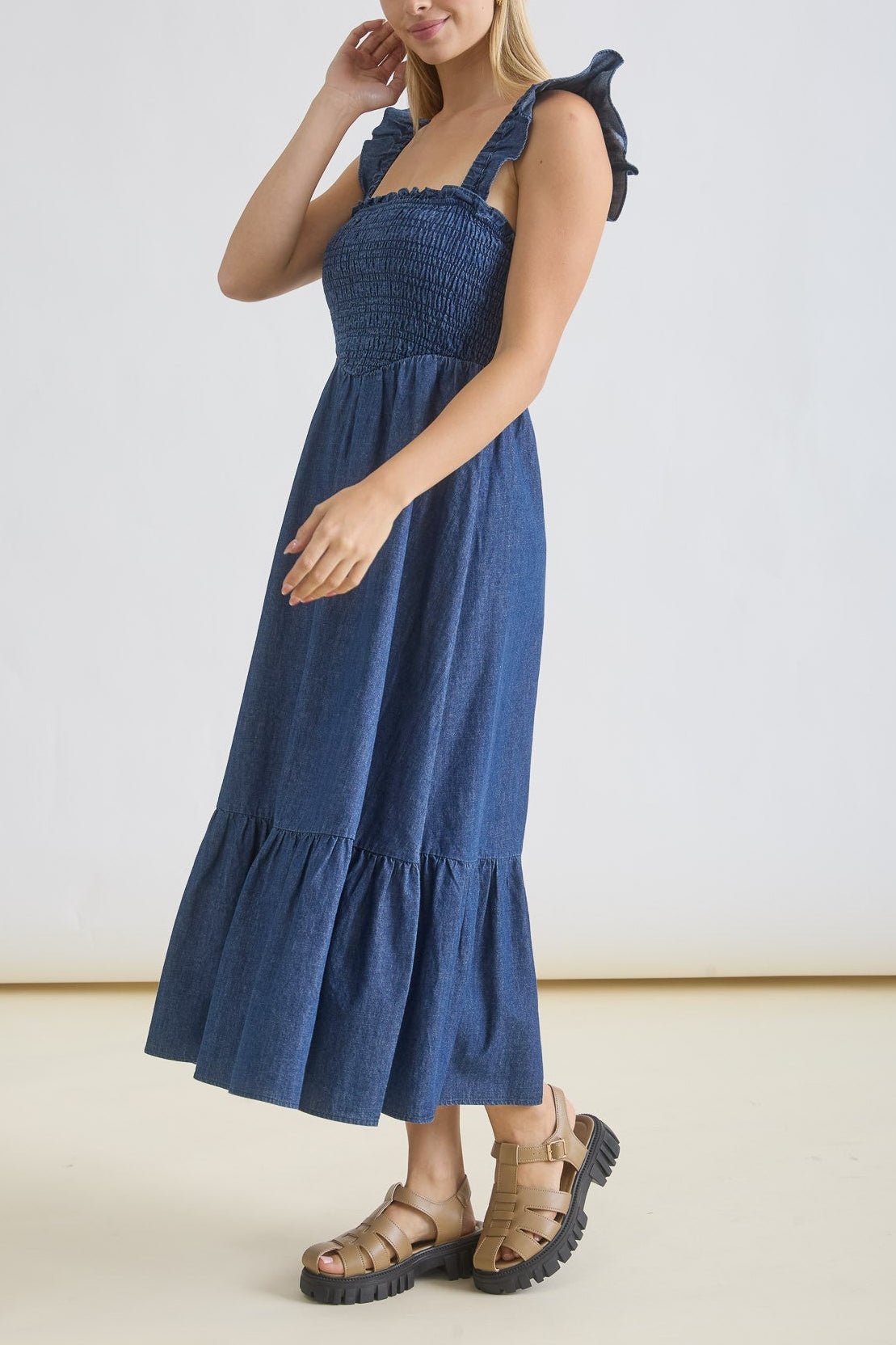 Dark Denim Ruffle Strap Midi Dress - MTT Collective