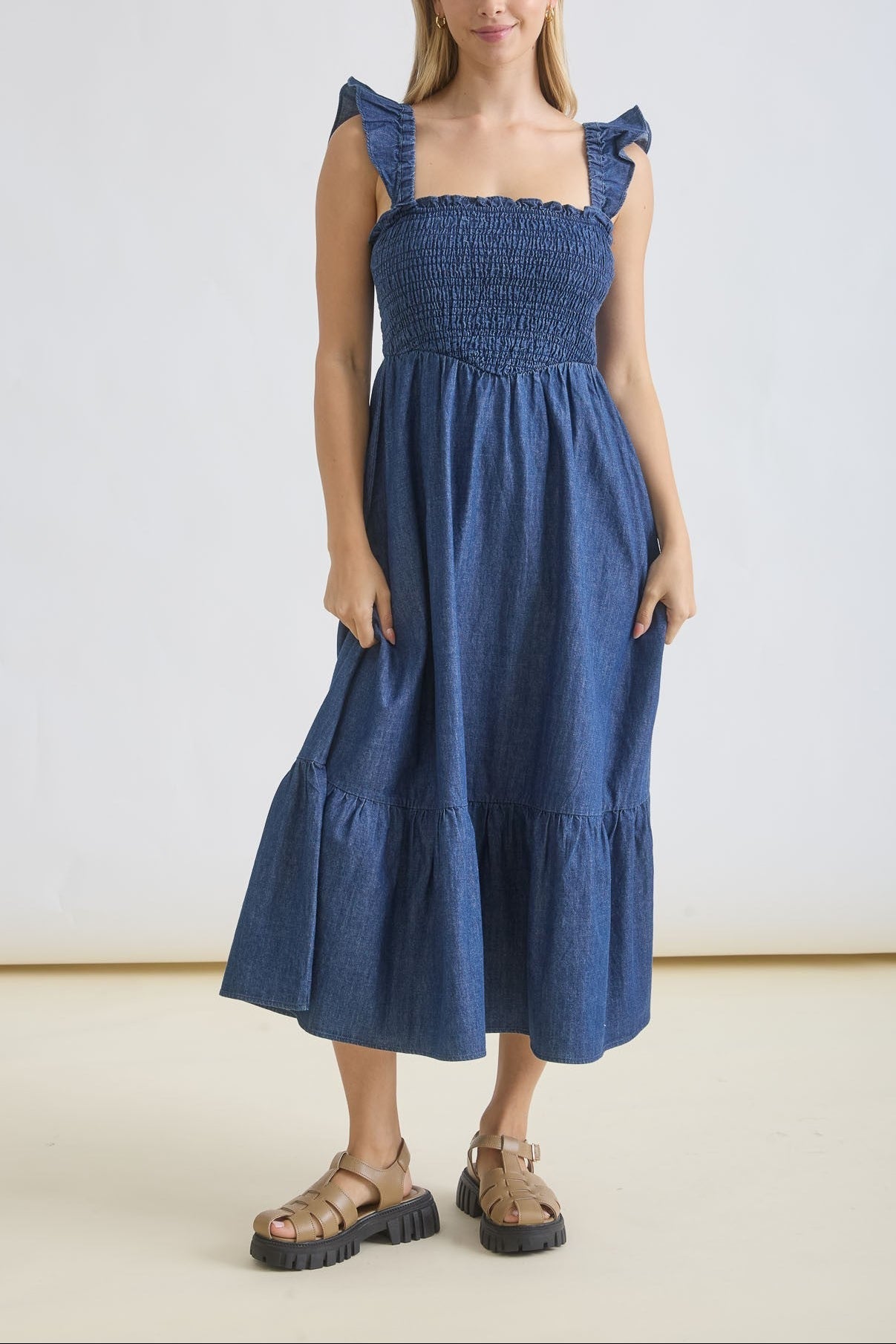 Dark Denim Ruffle Strap Midi Dress - MTT Collective