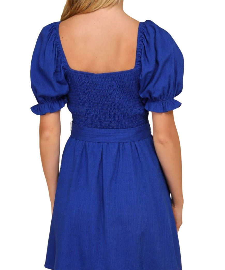 Darling Impulse Cobalt Blue Linen Button - Front Skater Mini Dress - MTT Collective