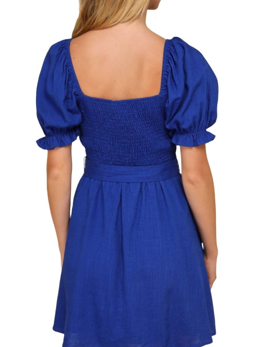 Darling Impulse Cobalt Blue Linen Button - Front Skater Mini Dress - MTT Collective