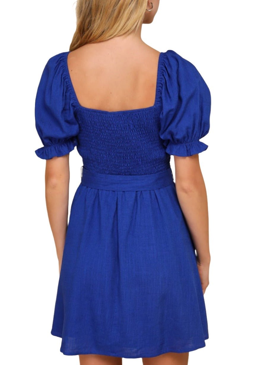 Darling Impulse Cobalt Blue Linen Button - Front Skater Mini Dress - MTT Collective