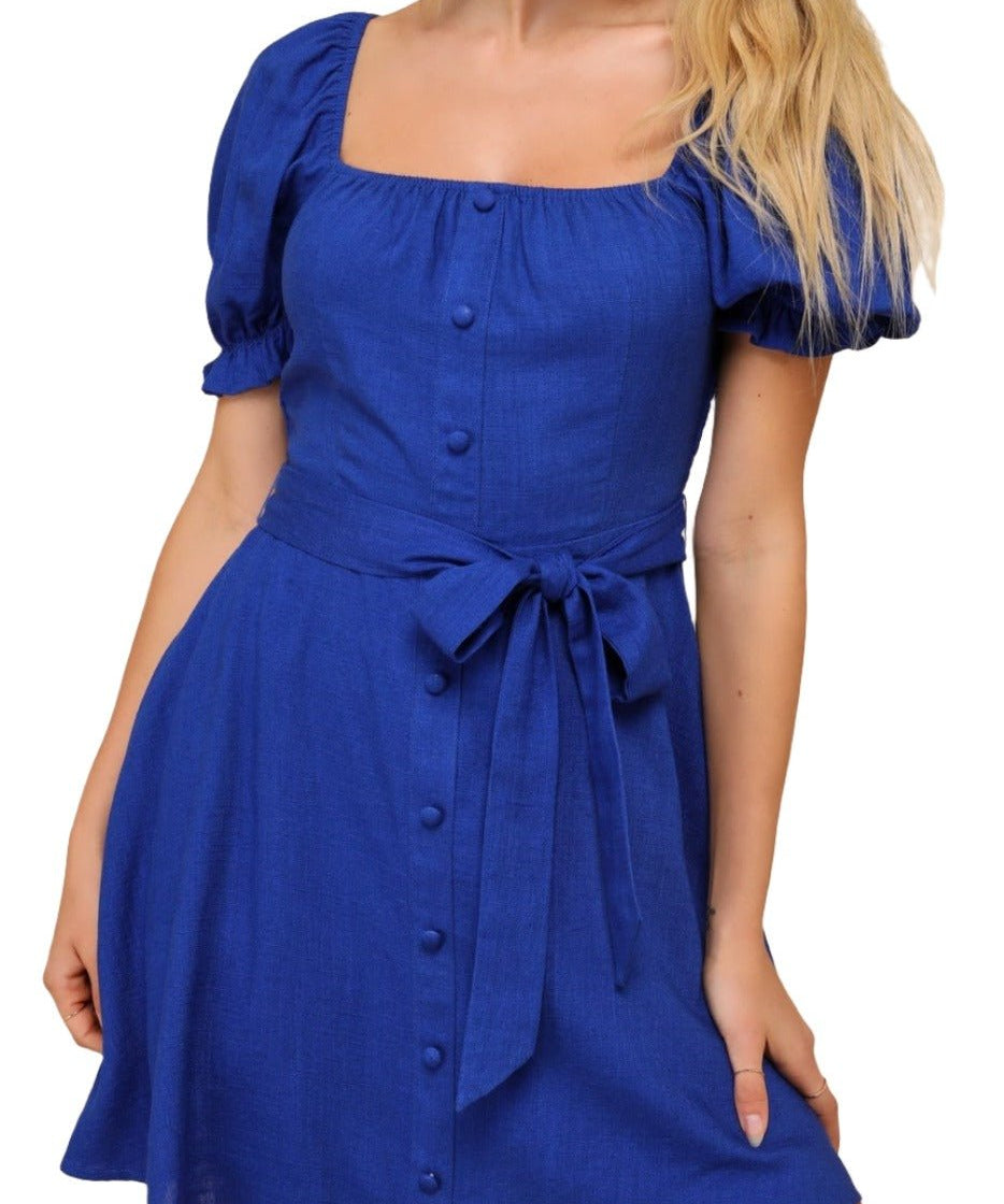 Darling Impulse Cobalt Blue Linen Button - Front Skater Mini Dress - MTT Collective