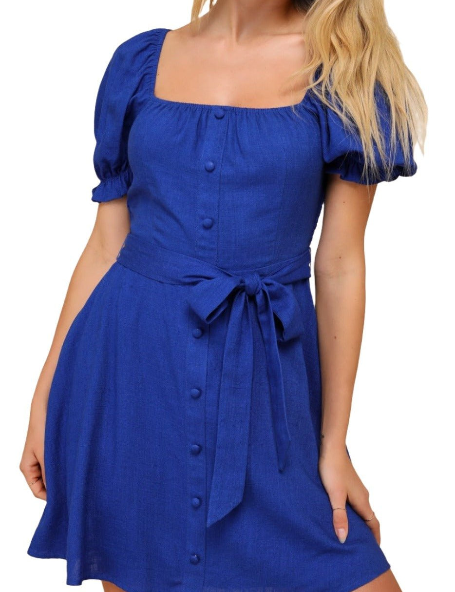 Darling Impulse Cobalt Blue Linen Button - Front Skater Mini Dress - MTT Collective