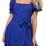 Darling Impulse Cobalt Blue Linen Button - Front Skater Mini Dress - MTT Collective