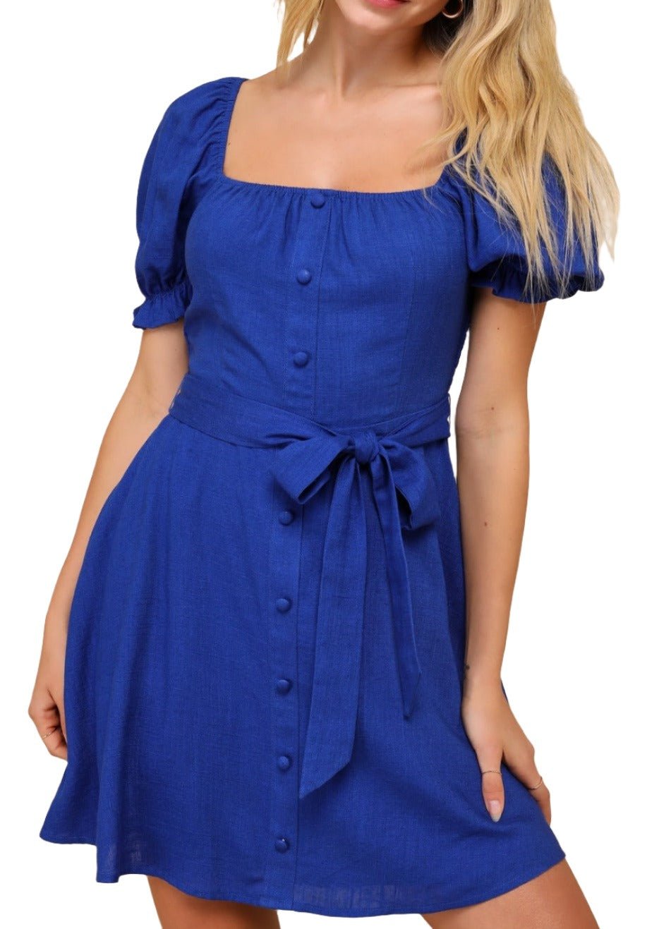 Darling Impulse Cobalt Blue Linen Button-Front Skater Mini Dress MTT Collective Darling Impulse Cobalt Blue Linen Button-Front Skater Mini Dress MTT Collective