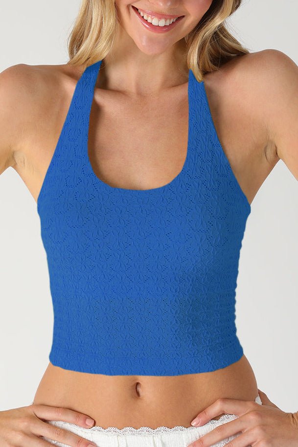 Davina Floral Lace Halter Crop Top in Royal Blue