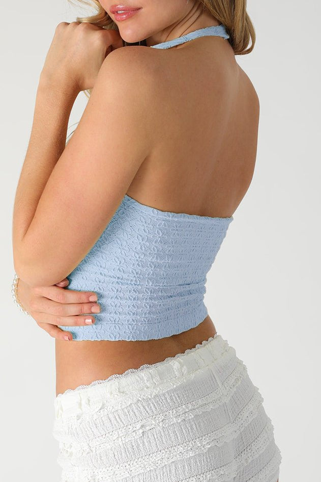 Davina Floral Lace Halter Crop Top in Serene Blue, back