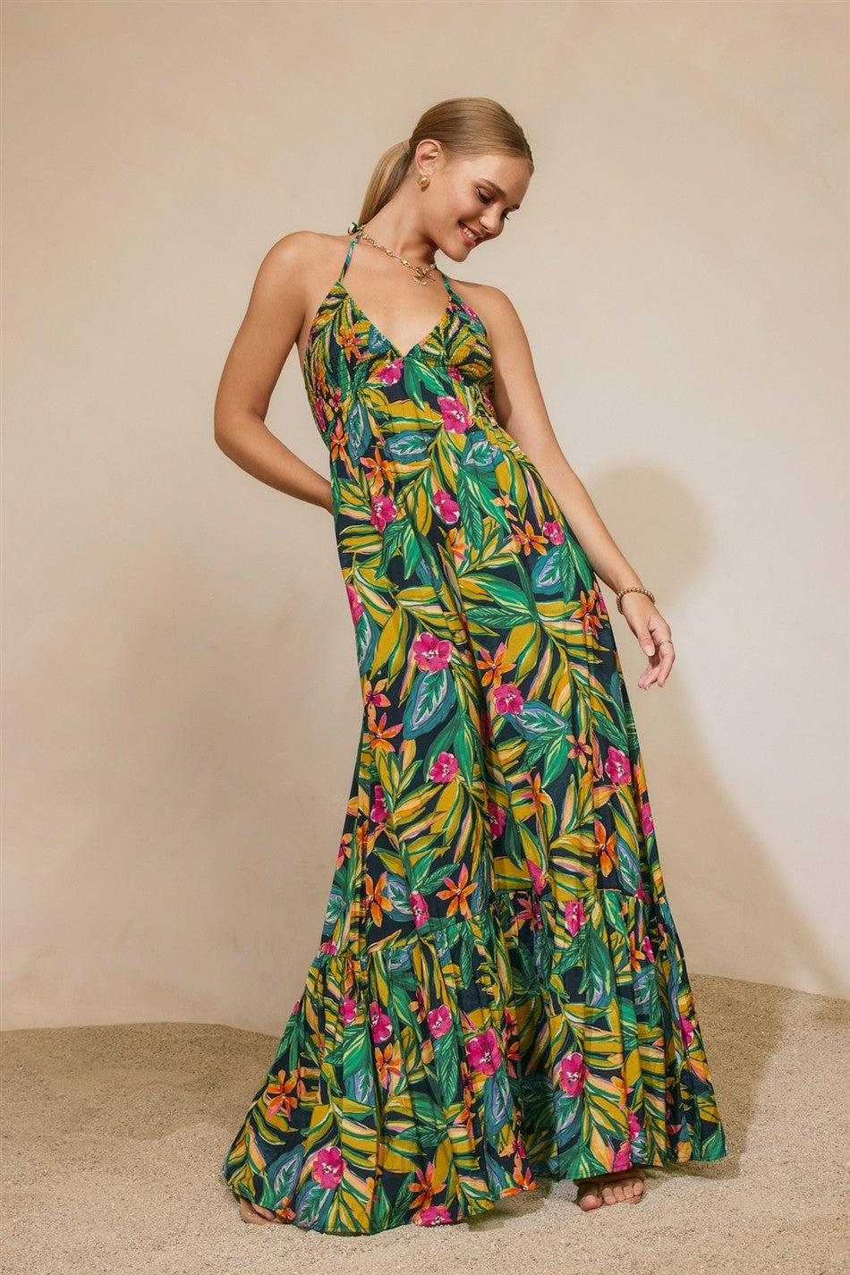 Bramble Smocked Halter Maxi Dress in Botanical Bloom, detail