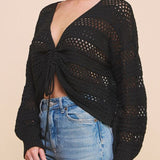 Ruth Open Weave Ruched Drawstring Pullover Sweater