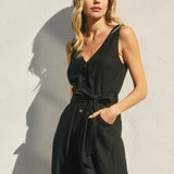 Alder Linen Button Front Jumpsuit in Black, full length