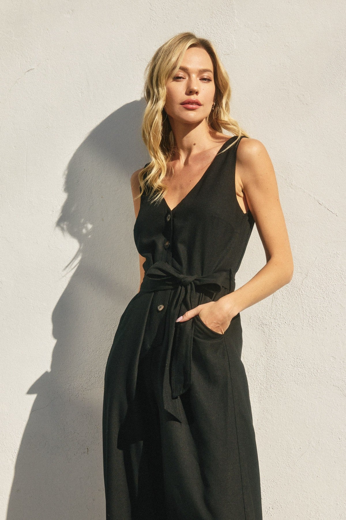 Alder Linen Button Front Jumpsuit in Black, full length