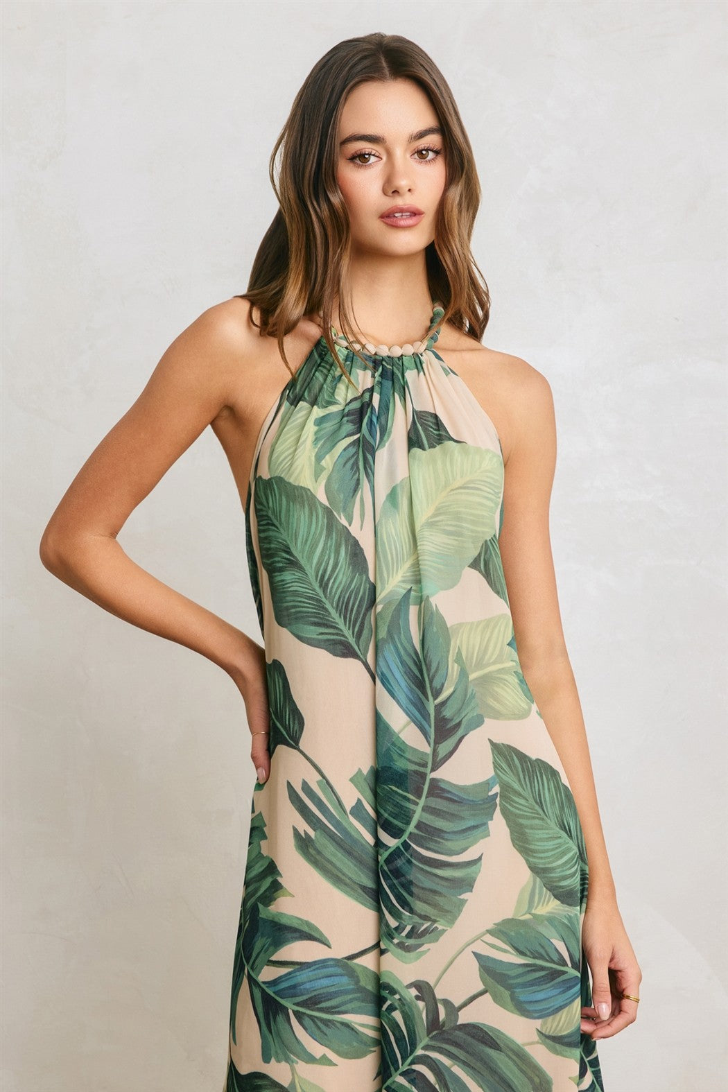 Vesper Beaded Halter Dress in Resort Palm, full length