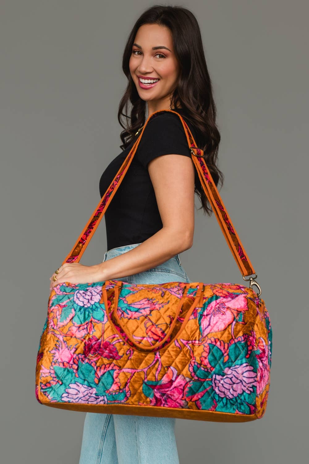 Wildflower Woven Duffel in burnt orange floral, detail