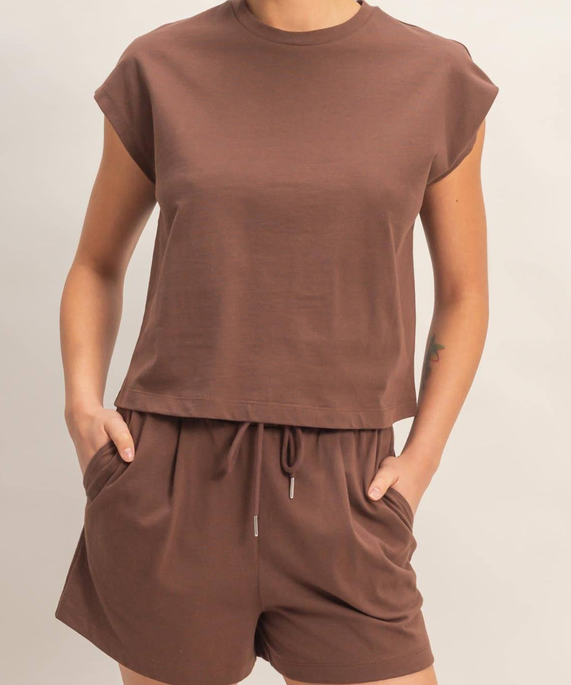 Cap Sleeve Boxy Top and Shorts Set - Chocolate