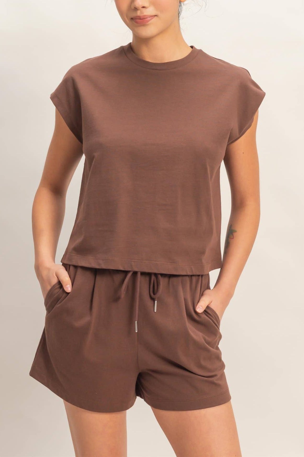Cap Sleeve Boxy Top and Shorts Set - Chocolate