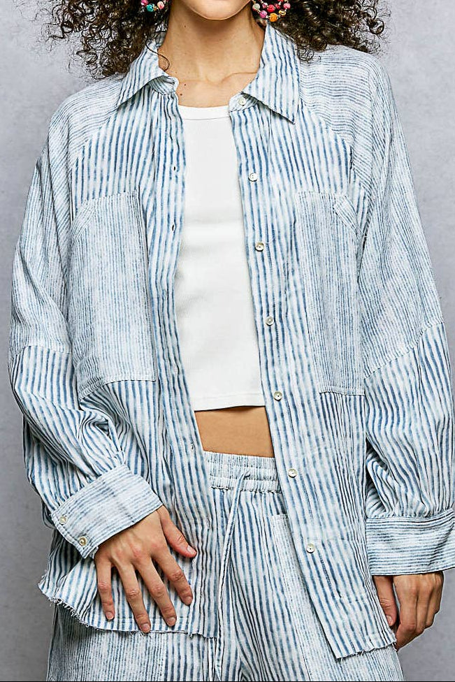 Stripe Woven Oversized Raglan Button Shirt