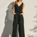 Alder Linen Button Front Jumpsuit in Black, button front detail