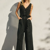 Alder Linen Button Front Jumpsuit in Black, button front detail
